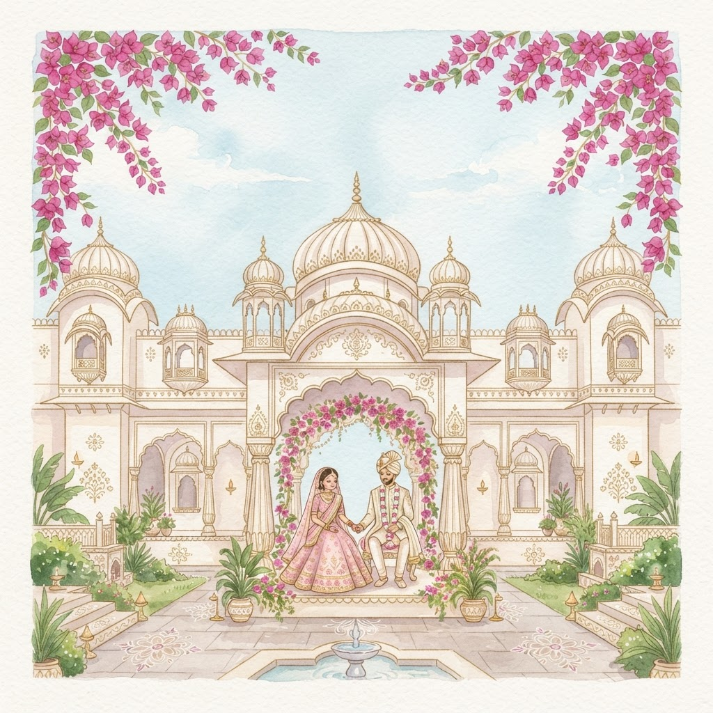 Illustrated palace with Aishwarya and Achyuth Kumar beneath the central arch